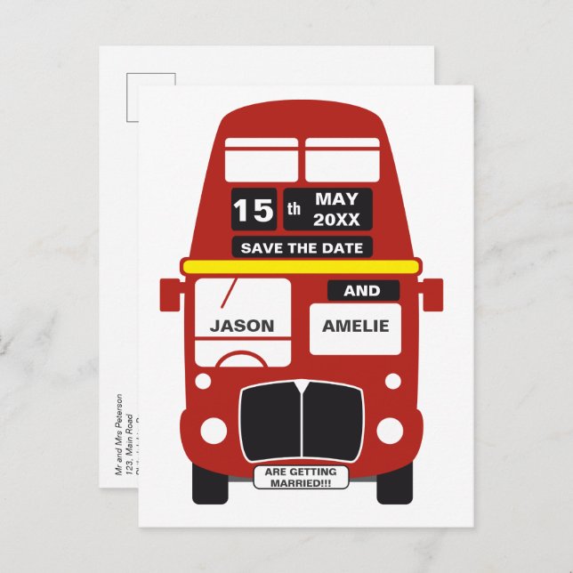 Cartão Postal De Anúncio Casamento Save the Date Ônibus de Londres (Frente/Verso)