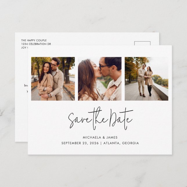 Cartão Postal De Anúncio Casamento Simples Moderno Preto Branco Script 3 Fo (Frente/Verso)