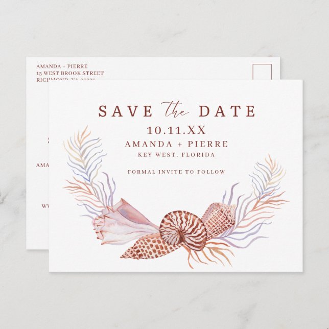 Cartão Postal De Anúncio Casamento Simples na Praia com Conchas Save the Da (Frente/Verso)