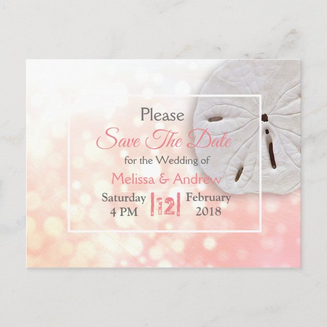 Cartão Postal De Anúncio Casamento Tema Dólar de Areia de Coral Salve a Dat (Frente)