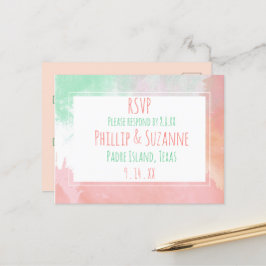 Cartão Postal De Anúncio Casamento Tropical Coral Neo Mint Aquarela RSVP