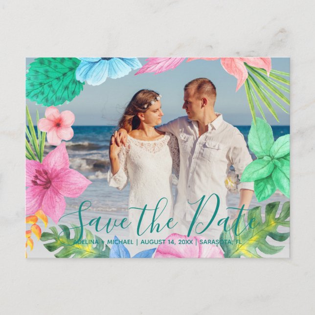 Cartão Postal De Anúncio Casamento tropical de luau oceano FOTO salvar scri (Frente)