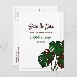 Cartão Postal De Anúncio Casamento Tropical de Monstera Beach Salvar a Data
