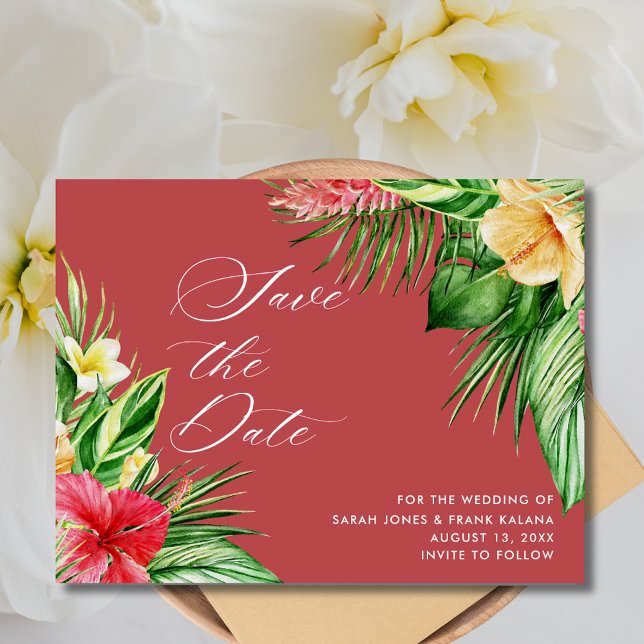 Cartão Postal De Anúncio Casamento Tropical Floral Beach Salvar a Data (Tropical Floral Beach Wedding Save the Date Postcard)