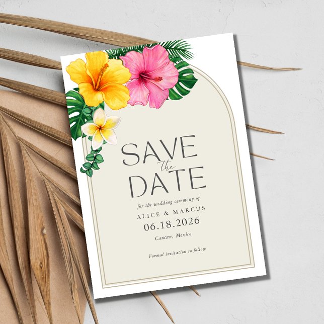 Cartão Postal De Anúncio Casamento Tropical Floral Beach Salvar A Data (Tropical Floral Beach Wedding Save the Date Postcard)