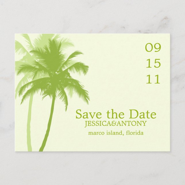 Cartão Postal De Anúncio Casamento Tropical Palm Trees Salvar a Data (Frente)