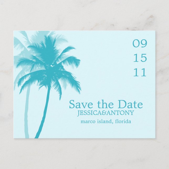Cartão Postal De Anúncio Casamento Tropical Palm Trees Salvar a Data (Frente)