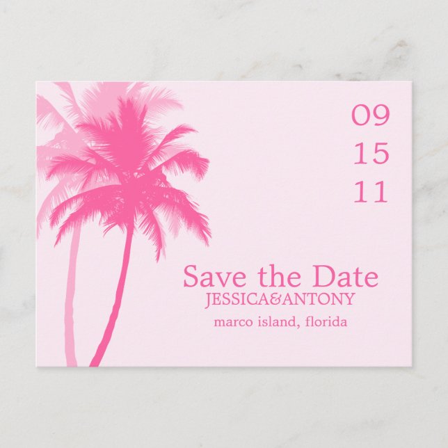 Cartão Postal De Anúncio Casamento Tropical Palm Trees Salvar a Data (Frente)