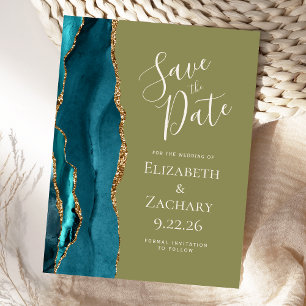 Cartão Postal De Anúncio Casamento Verde-Azul-Agato-Dourado Teal Salvar Dat