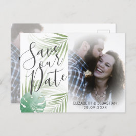 Cartão Postal De Anúncio Casamento Verde de Script Tropical Salvar a Data