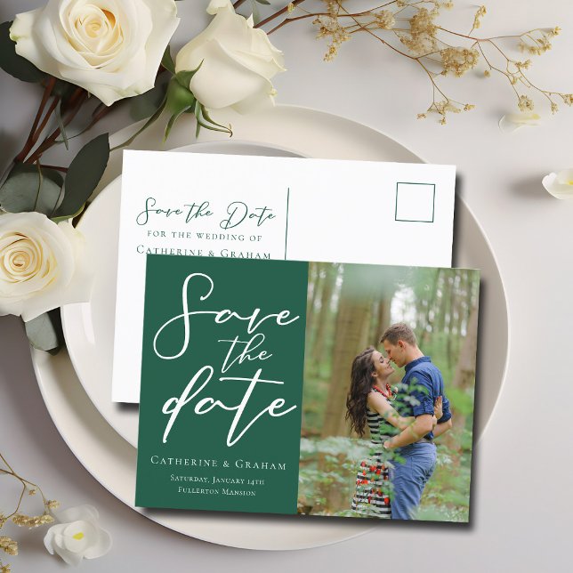 Cartão Postal De Anúncio Casamento Verde Esmeralda Foto Floresta Salvar a F (Criador carregado)