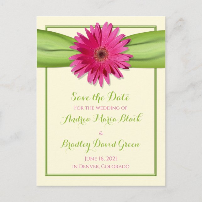 Cartão Postal De Anúncio Casamento Verde Rosa Gerbera Daisy Salve a Data (Frente)