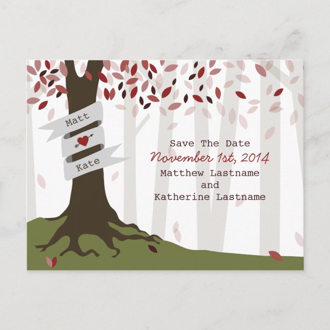 Cartão Postal De Anúncio Casamento Vermelho Floresta / Woodland Salva A Dat (Frente)