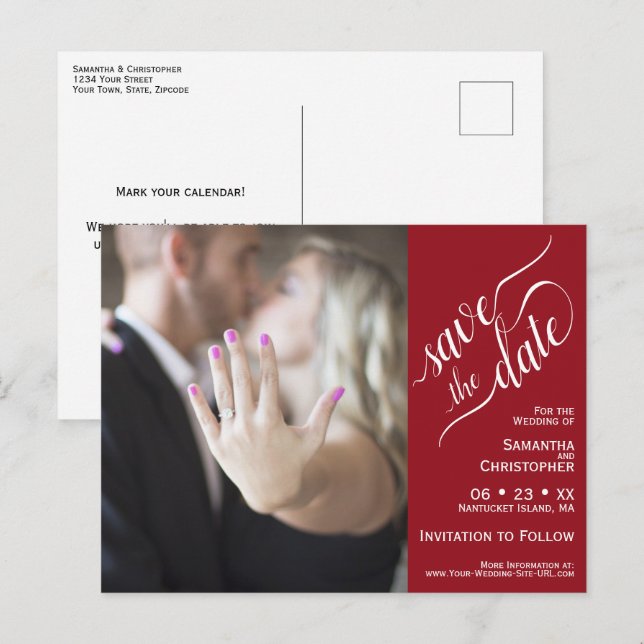 Cartão Postal De Anúncio Casamento Vermelho Salva a Data Foto e Caligrafia (Frente/Verso)