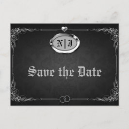 Cartão Postal De Anúncio Casamento Vintage Gótico Preto Prata Salve a Data