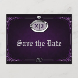 Cartão Postal De Anúncio Casamento Vintage Gótico Roxo Prata Salve a Data