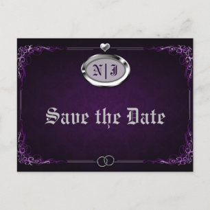 Cartão Postal De Anúncio Casamento Vintage Gótico Roxo Prata Salve a Data