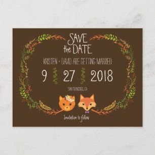Cartão Postal De Anúncio Casamento Whimsical Woodland Cat & Fox Salve a dat