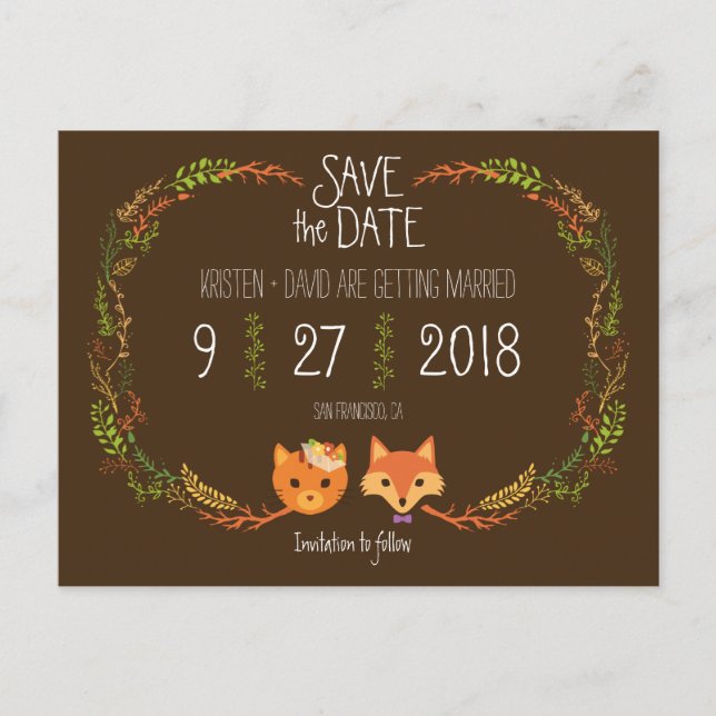 Cartão Postal De Anúncio Casamento Whimsical Woodland Cat & Fox Salve a dat (Frente)