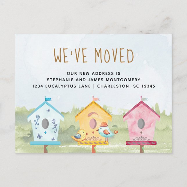 Cartão Postal De Anúncio Casas de Pássaros Lindas Mudando (Frente)