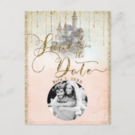 Cartão Postal De Anúncio Castelo de Conto de Fadas com Brilho Dourado Fotog