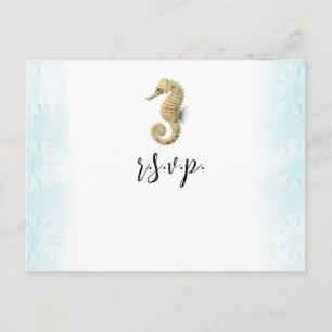 Cartão Postal De Anúncio Cavalo-Marinho Azul Turquesa e Dourado Aquarela RS