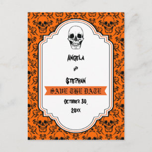 Cartão Postal De Anúncio Caveiras damasco laranja preto Halloween Save the