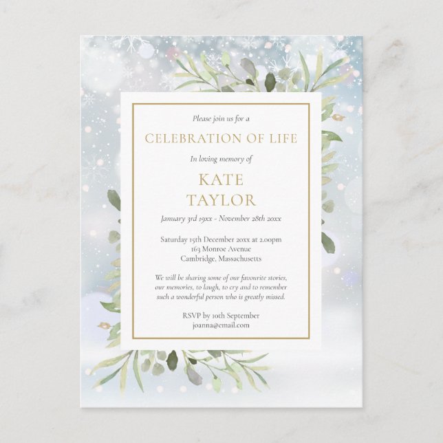 Cartão Postal De Anúncio Celebração do Funeral de Inverno Verde (Frente)