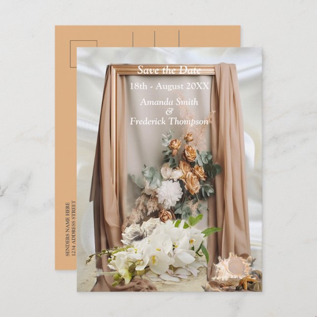 Cartão Postal De Anúncio Celebrações com Flores Brancas em torno de seda (Frente/Verso)