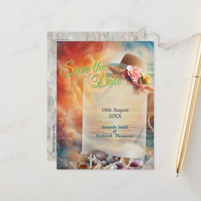 Cartão Postal De Anúncio Celebrações de Casamento à Beira-Mar na Praia (Frente/Verso In Situ)