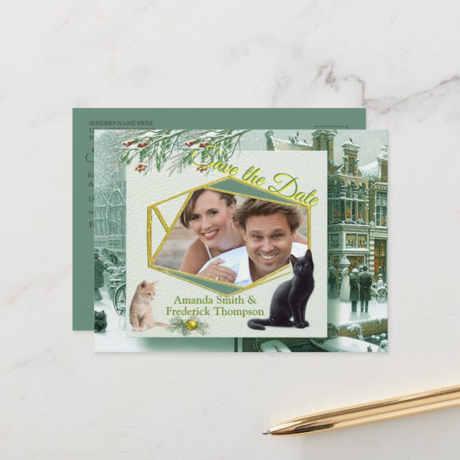 Cartão Postal De Anúncio Celebrações de Inverno na Neve, com Gatinhos (Frente/Verso In Situ)