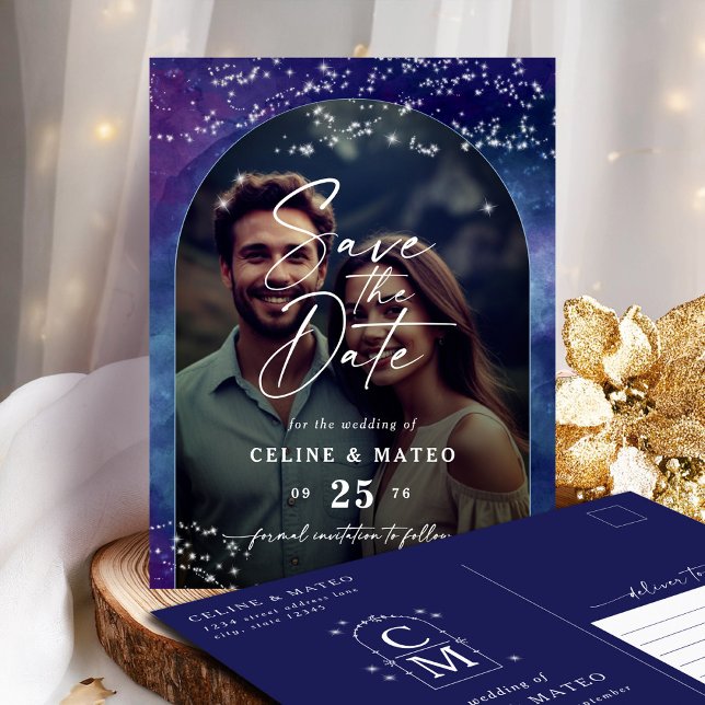 Cartão Postal De Anúncio Celine ・ Elegante Starry Sky Foto Salvar Data (Announce your wedding with the Celine Save the Date postcard, featuring a photo and monogram.)