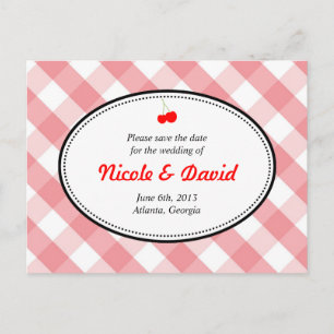 Cartão Postal De Anúncio Cereja rusticada de gingham rosa salve a data