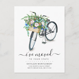 Cartão Postal De Anúncio Cesta Floral Azul Bicicleta Preta Movendo-se