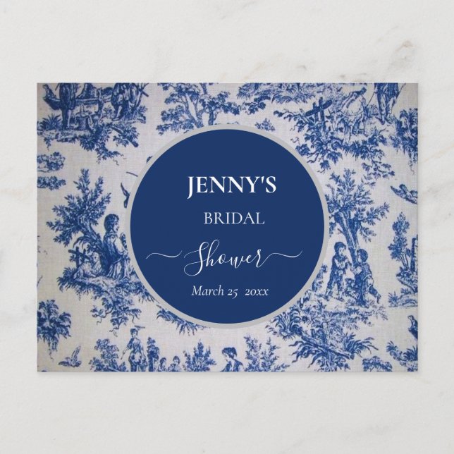 Cartão Postal De Anúncio Chá de Bebê Francês Toile de Jouy Azul e Branco (Frente)