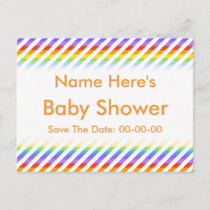 Cartão Postal De Anúncio Chá de fraldas. Tiras com cores arco-íris.