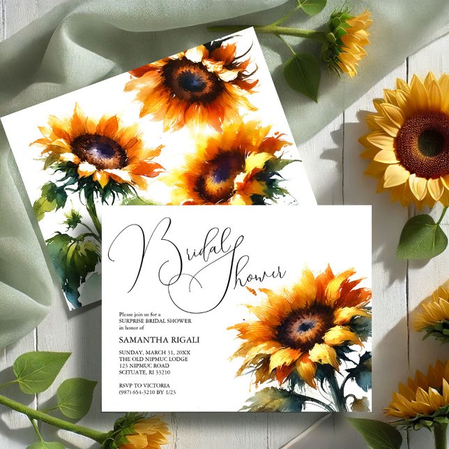 Cartão Postal De Anúncio Chá de panela de Verão de Girassol (Sunflower bridal shower invitations summer fall design by Victoria Grigaliunas VG Invites)