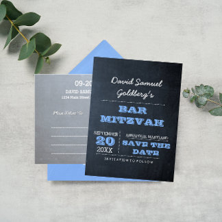 Cartão Postal De Anúncio Chalkboard Blue Bar Mitzvah Salvar a Data