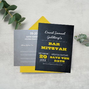 Cartão Postal De Anúncio Chalkboard Gold Bar Mitzvah Save the Date