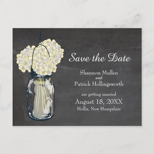 Cartão Postal De Anúncio Chalkboard Mason Jar e Hydrangeas Salvem a Data (Frente)