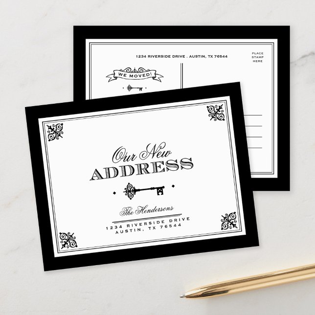 Cartão Postal De Anúncio Chave Skeleton | Novo endereço em preto-e-branco (Criador carregado)