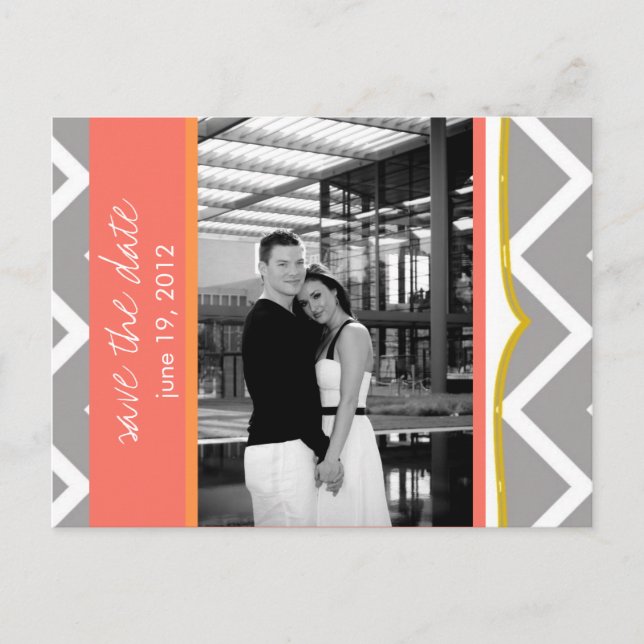 Cartão Postal De Anúncio Chevron - Custom Save the Date- Coral Tangerine (Frente)