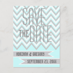 Cartão Postal De Anúncio Chevron moderno cinza, aqua para Save the Date de