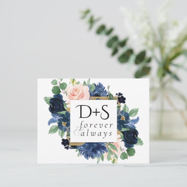 Cartão Postal De Anúncio Chic Blooms | Marinho romântico Casamento azul e b (Em pé/Frente)