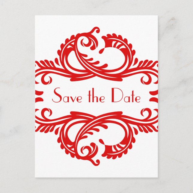 Cartão Postal De Anúncio Chic Damask Save the Date Postcard, Vermelho (Frente)