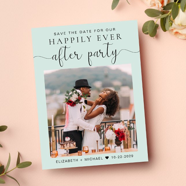 Cartão Postal De Anúncio Chic Foto Mint Casamento Recepção Salve a Data (A stylish save the date announcement for a reception to celebrate your elopement or private wedding)