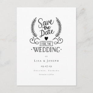Cartão Postal De Anúncio Chic Garland Preto e Branco Script Save the Date