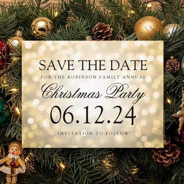 Cartão Postal De Anúncio Christmas Party Save The Date Gold Glitter Lights (Criador carregado)