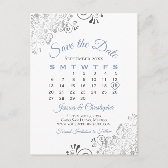 Cartão Postal De Anúncio Cinza Azul no Casamento Branco Salvar o Calendário (Frente)