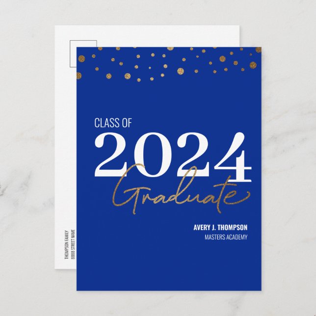 Cartão Postal De Anúncio Classe simples de Formando azul personalizado 2024 (Frente/Verso)